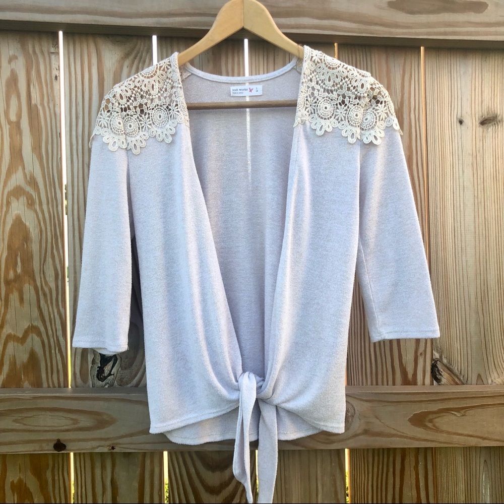 Knitworks cardigan Sweater Tie front Girls Sz. 14 lace shoulders